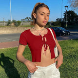 Sexy Cropped Top Lace up Short Sleeve Hollow out Front Split Hem O-Neck Slim Women Fashion Summer New Sexy