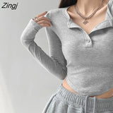 T-shirts Women Slim Y2k Trendy Tops Autumn Crop Popular Korean Style Button Long Sleeve Cute Camisetas Leisure Girlish