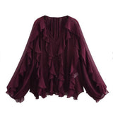 New Women's Fashion Cascade Decoration Fashion Chiffon V-Neck Long-Sleeved