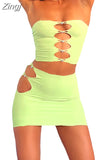Women's Two Piece Outfit Suit Sleeveless Hollow Out Halter Backless Crop Top and High Waist Side Cutout Mini Skirt