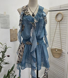 Neck Lotus Leaf Side Ribbon Print Between The Draw Folded Lace With Bareback Bow Dress