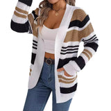Shooting 2025 Autumn And Winter Casual Crash Striped Pocket Long-Sleeved Sweater Cardigan Coat Women's