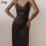 Women Sexy Satin Backless Solid Color Long Dress Stylish Sleeveless V-neck Spaghetti Strap Party Dress