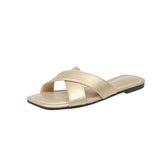 Large-Size Cross-Edup With Flat-Bottom Slippers Women Wear New Square-Head Drag Beach Cool