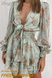 Women Spring V Neck Chiffon Print Dress Self-tie Knot Front Ruffles Leopard Dress Female Sexy Short A Line Party