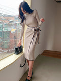 One-Piece Patchwork Slim Woman Dress Long Sleeve Knitted Midi Dress Women Sweater Knit Dress Elegant Autumn 2023