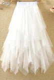 Women Sweet Midi Spring And Summer High Waist Solid Asymmetrical Elegant Chic White Mesh Tulle Skirts