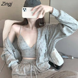 Print Sweatshirt Tracksuit Women 3 Piece Set Harajuku Hooded Jackets+High Waist Wide Leg Pants+Sexy V-neck Crop Tank