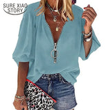 Women Shirt Summer Tops Zipper V Neck Women's Blouse New Fashion Casual Chiffon Half Sleeve 2023 Female Clothing Blusas