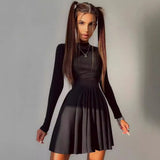 Zingj New Women's Hot Girl Wind Pure Color Round Collar Back Hollow A Word Skirt Long Sleeve