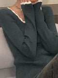 Contrast Color Trim Slim Long Sleeve Knit- Outfit