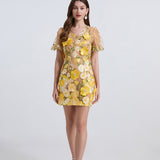 Dress Women Summer French Retro V-Neck Lantern Sleeve Embroidered Mesh Yarn Waist Bubble Sleeve