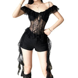 2024 Summer New Women's Solid Color Repair Body Hollow Perspective Sexy Word Tie Sling Short-Sleeved