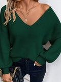 Women's V-Neck Solid Color Sweater Autumn New Long-Sleeved Casual Loose Bow Top