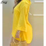 Women Plain Bell Sleeve V-Neck Long Casual Loose Top & Shorts Set Casual Summer Solid Streetewar Suit
