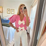 And Sweet Niche Wind 2025 Spring New V-Necked Short-Sleeved Personality Double Bow Solid Color Sweater
