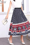 New Fashion Women Vintage Summer Party Pleated Casual Print A Line Skirts Robe Femme One Size Lastic Band Midi