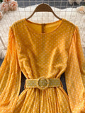 Vintage Yellow/Purple/Blue Polka Dot Chiffon Long Dress Women Elegant O-Neck Puff Sleeve Pleated Party Robe Female