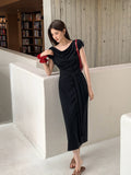 Xixi 2025 Spring New Korean Version High Waist Belt Design Sense Short-Sleeved Knitted Long Dress Women