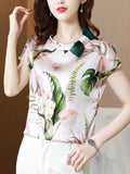 Women Blouse 2023 Summer Floral Women Top Bow Elegant Blouses Satin Ladies Tops Fashion Women Clothing Basic Short Sleeve
