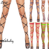 Women Girls Solid Sexy Lingerie Bandage Fishnet Stockings Thigh-High Rhinestone Leg