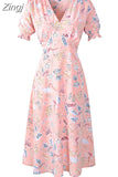 Women Summer Chiffon Midi Dress 2023 Floral Print V Neck Puff Short Sleeve A-Line Elegant Vintage Boho Beach