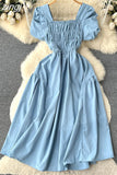 Vintage Women Square Collar Draped Dress Eleagant Puff Short Sleeve High Waist A-Line Knee-Length Robe Female New