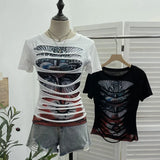 Rock Gothic 2025 Summer Dress Hole Design Feel Short-Sleeved Printed T-Shirt