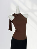 Zingj Lace Cut Shoulder Sleeveless Top Elegant Morde Cotton Sexy Tight Stretch Scarf Collar