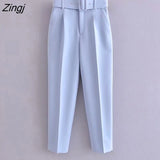 Women fashion solid color sashes casual slim pants chic business Trousers female fake zipper pantalones mujer retro pants