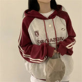 Vintage Logo Print Raglan Striped Sleeve Hoodie-Outfit