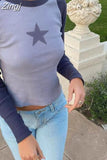 Chic Women Aesthetic Grunge Y2K T-shirts 2000s Retro Star Patchwork Crop Tops Retro Long Sleeve Basic Tees