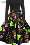 Women Christmas Dress Vintage Robe Swing Elegant Party Xmas Long Sleeve Casual Print Black New Year