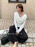 Xixi 13 Line 2025 Autumn White Standard Temperament Swinging Knitted Long-Sleeved T-Shirt Top