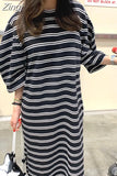 Summer New Women Loose Striped Dress Fashion Ladies Womens Casual Office Cotton Dresses Woman Tshirt Print Long