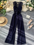 Women Hollow Out Lace Romper Female Black/Yellow/Red Round Neck Sleeveless High Waist Patchwork Wide Leg Jumpsuits