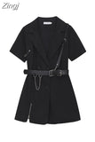 Women Gothic Punk Black Blazer Dress Short Sleeve 2023 Summer High Waist With Belt Streetwear Fashion Harajuku Goth Dress