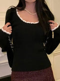 Contrast Color Trim Slim Long Sleeve Knit- Outfit