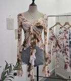 Irregular Kinking Of The Net Yarn Irregularly Kinked Lotus Lobe Slings Shoulder Horn Sleeve T-Shirt Short Top