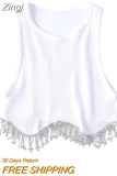 Women's Tank Tops Ribbed Sleeveless Round Neck Rhinestone Tassel Hem Design Summer Streetwear Crop Tops Slim