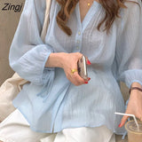 Women Solid Thin Breathable Three Quarter Female Clothes Summer Sun-proof Single Breasted Shirring Trendy Lantern