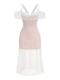 Silver Bustier Off-Shoulder Mesh Midi Dress- Outfit