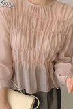 Spring Blusa O-Neck Puff Long Sleeve Blouse Korean Ins Solid Pleated Design Perspective Summer Shirt Fashion Clothing