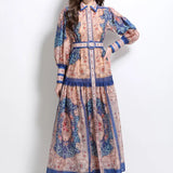 Court Print Flip Lantern Sleeves To Close Waist Single Buckle Dress Women Thin Elegant Long