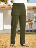 Pure Color Elastic Waist Striped Straight