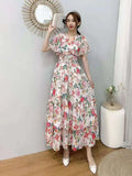 Short-Sleeved Chiffon Print Big Swing 100 Fold Design Dress A-Dress Loose Waist With Inner Lining Dress