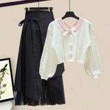 Women Winter Patchwork Long Sleeve Knitted Tops + Asymmetric Skirt 2 Piece Suit Female Party Elegant Two Piece Set 211-1-Outfit