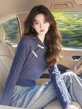 Chinese Style Blue Retro Collared Knitted Bottom Shirt 2025 Autumn And Winter New Chic Long-Sleeved