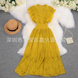Zingj Retro Round Collar Lace Pressure Pleated Skirt Temperament Goddess Fan Xia New Style Waist Lotus Edge Show Thin