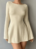 Backless Knitted Long Sleeve Mini Dress- Outfit